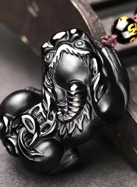 天然磨砂黑曜石貔貅五帝钱吊坠