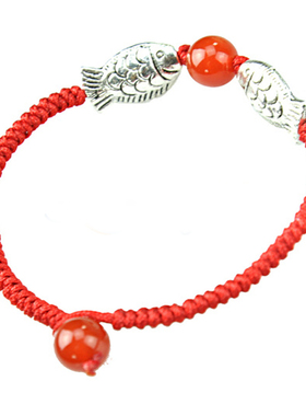 本命年红绳手链 亲嘴藏银鱼手编手链 女款红玛瑙手串