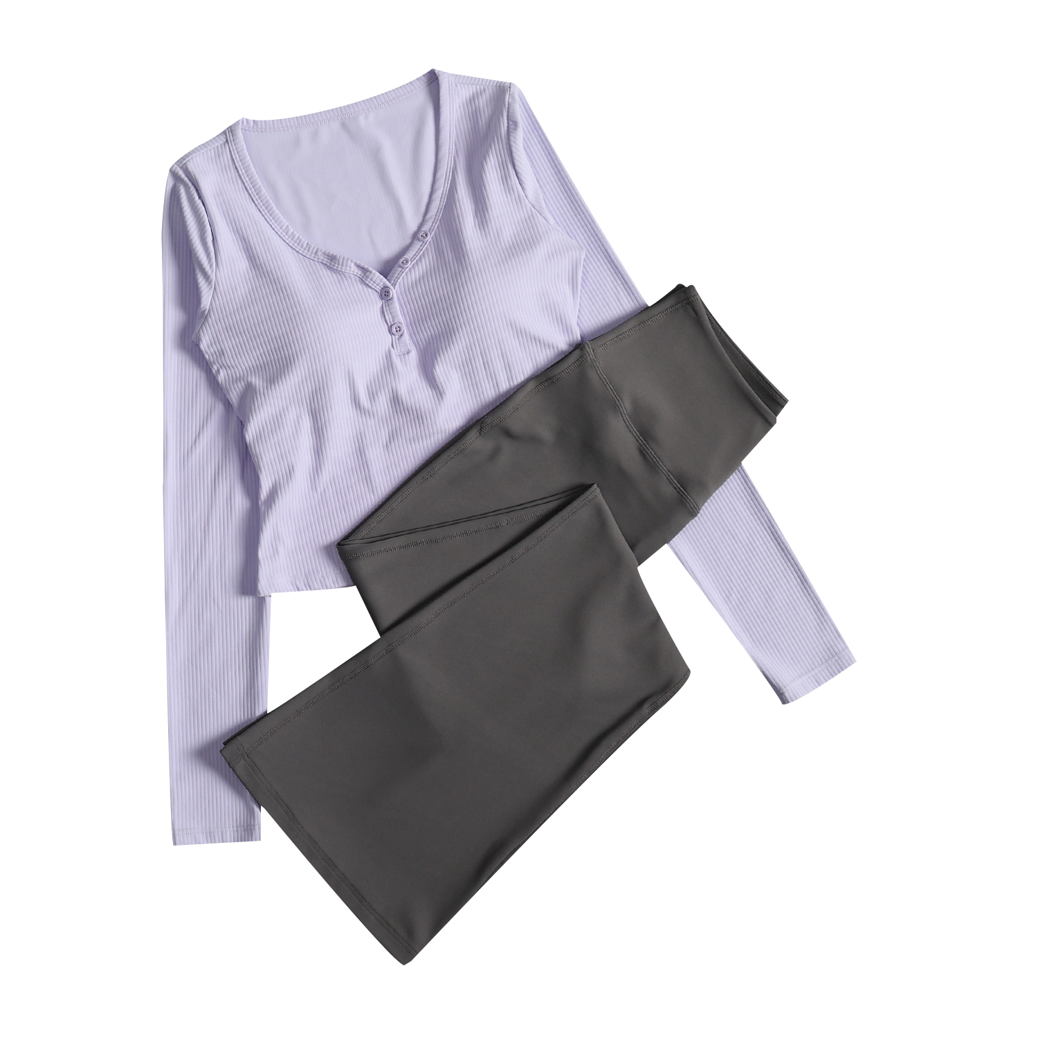 绝美运动套装女带胸垫瑜伽锻炼晨跑速干长袖高腰瑜伽微喇裤秋季 - 图3