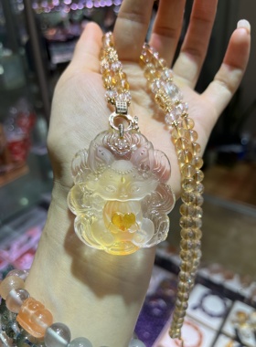 天然水晶黄胶花翘色九尾狐吊坠项链颜色鲜艳亮丽晶体通透雕工精细