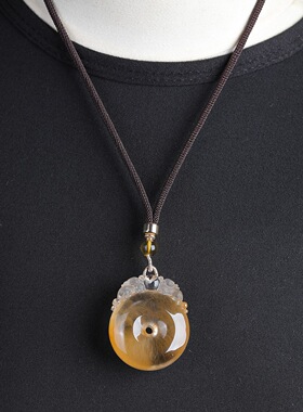 天然黄兔毛发平安扣双貔貅平安扣吊坠项链晶体通透明亮原创设计