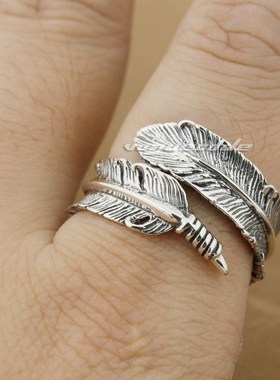 饰品复古男士纯银羽毛戒指