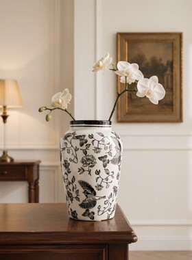 法式黑白花鸟纹高挑花瓶客厅礼品