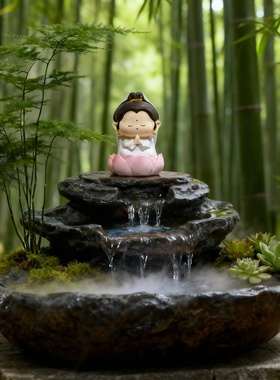 中式禅意佛像假山流水招财摆件