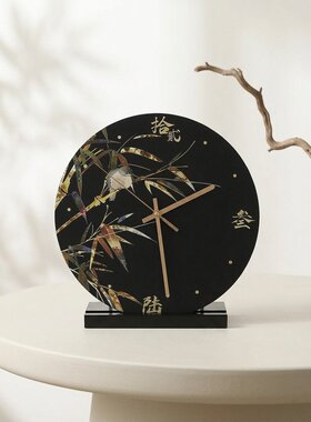 黑色竹叶台钟摆件竹报平安金色针