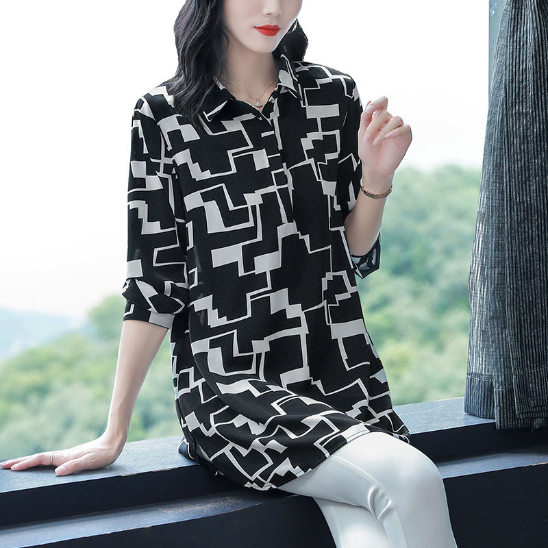加肥大码长袖雪纺中长款2022年衬衫 格格吉祥衬衫