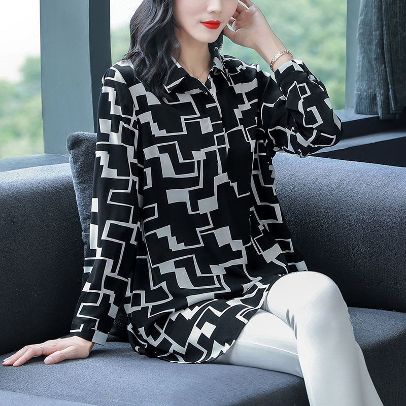 加肥大码长袖雪纺中长款2022年衬衫 格格吉祥衬衫