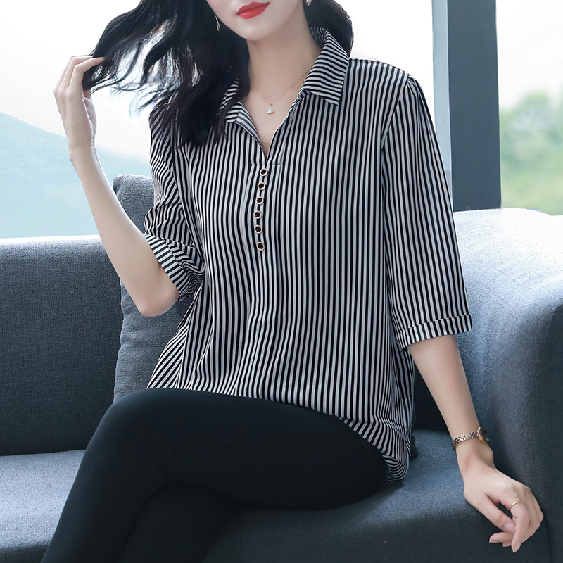 加肥加大码女士条纹雪纺2022年衬衫 格格吉祥衬衫