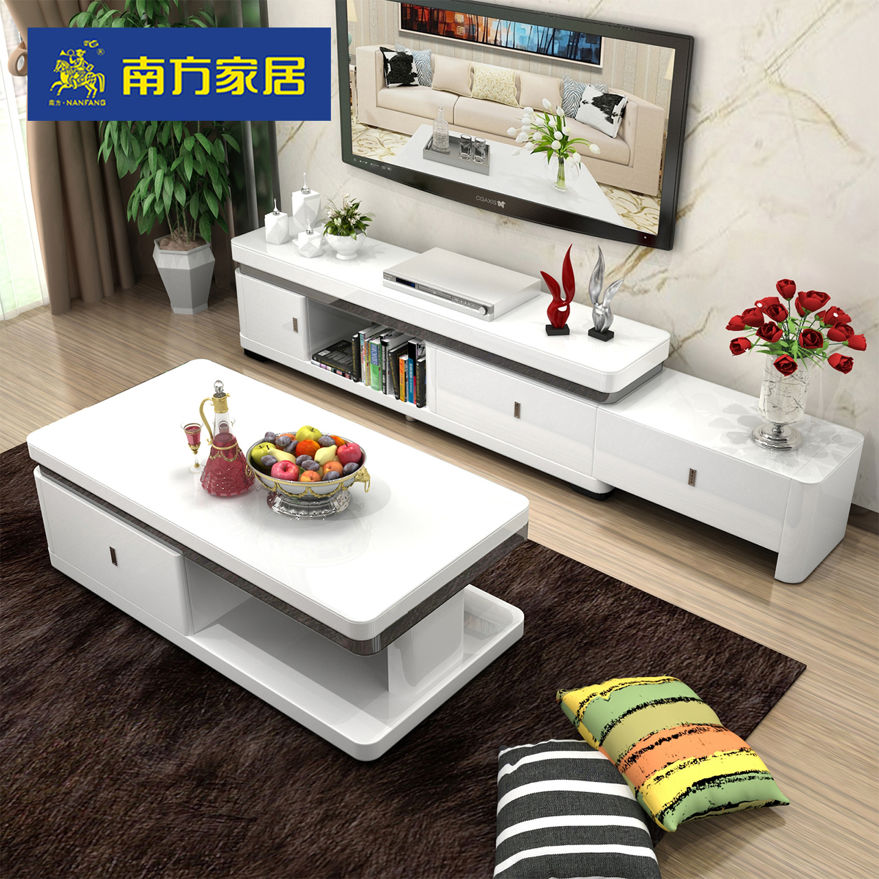 南方家居現代簡約鋼化玻璃茶几電視櫃組合北歐伸縮小戶型客廳茶几