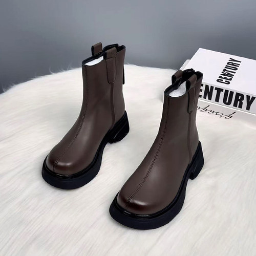 真皮羊毛马丁靴女2025秋冬新款英伦风加绒加厚切尔西百搭厚底短靴 - 图1