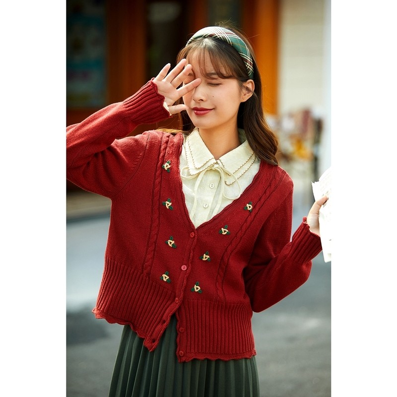 茵曼日系复古法式外套车厘子红毛衣 茵曼翰飞毛衣