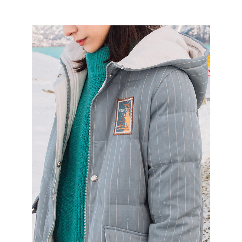 茵曼旗舰店茵蔓条纹中长款羽绒服 茵曼翰飞羽绒服