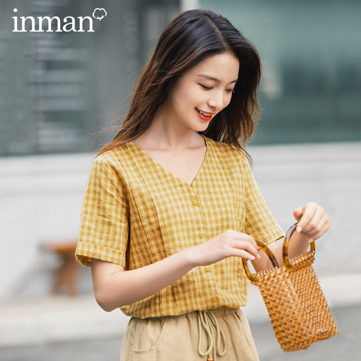 茵曼女装夏法式桔梗复古格子姜黄色 茵曼翰飞衬衫