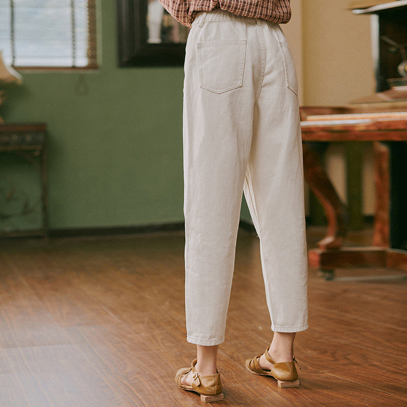 茵曼奶奶裤奶白色九分牛仔裤女宽松 茵曼翰飞牛仔裤