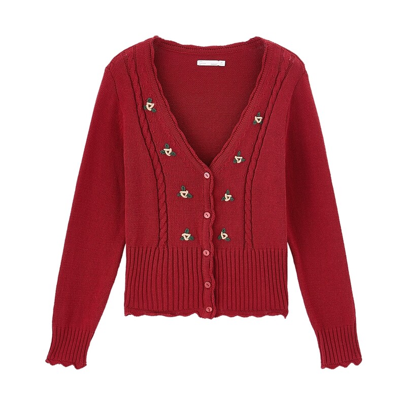 茵曼日系复古法式外套车厘子红毛衣 茵曼翰飞毛衣