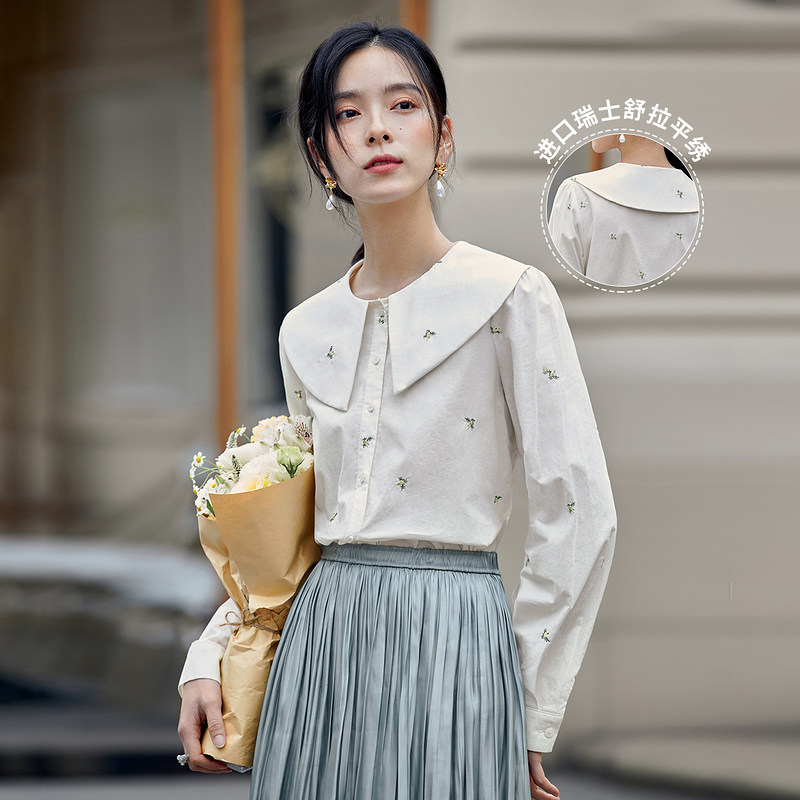 茵曼旗舰店官网白衬衫女款2023春季新款娃娃领长袖衬衣上衣纯棉