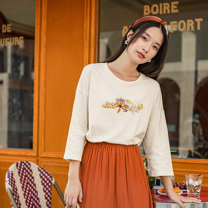 茵曼2020年夏季新款七分袖打底衫 茵曼翰飞T恤