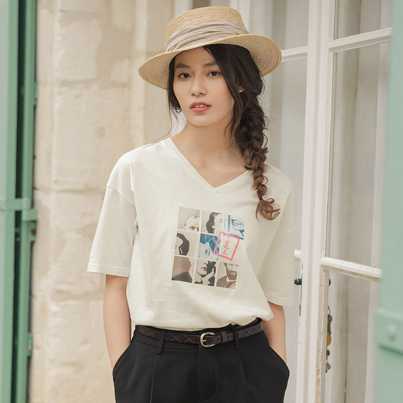 茵曼大领口v领短袖女宽松体恤t恤 茵曼翰飞T恤