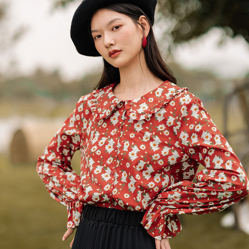 茵曼法式复古娃娃领碎花纯棉衬衫 茵曼翰飞衬衫