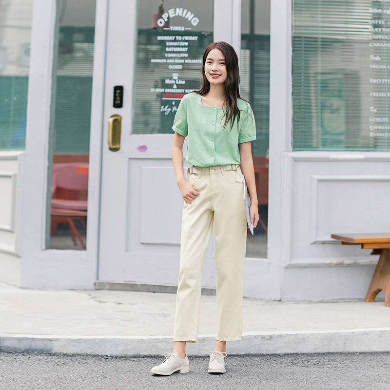 茵曼方领法式上衣洋气桔梗纯棉衬衫 茵曼翰飞衬衫