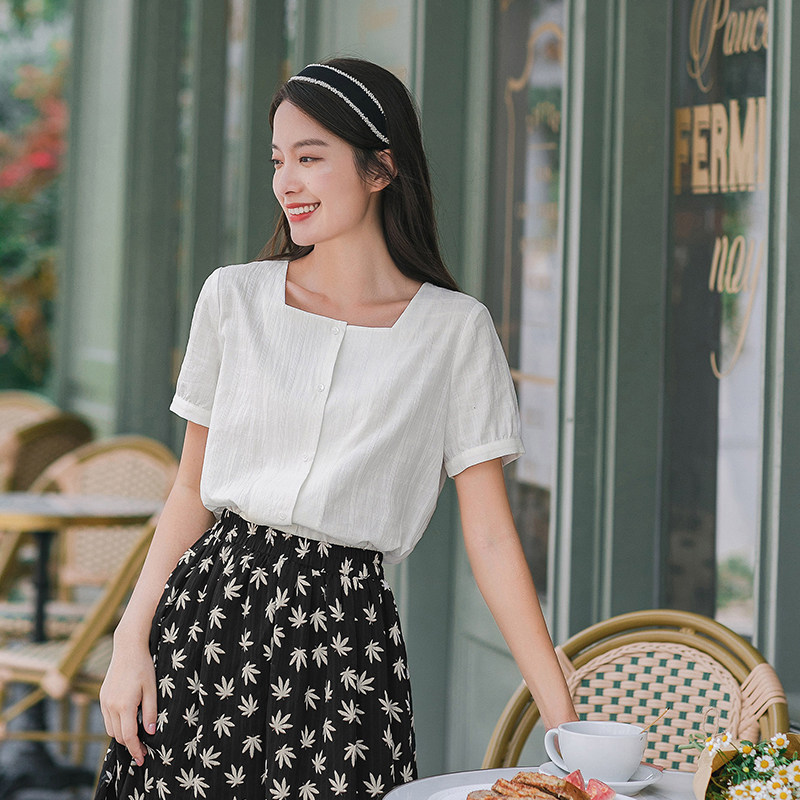 茵曼方领法式上衣洋气桔梗纯棉衬衫 茵曼翰飞衬衫