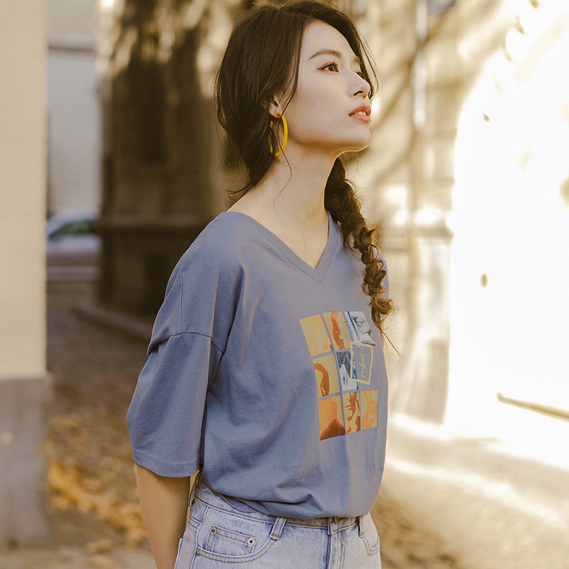 茵曼大领口v领短袖女宽松体恤t恤 茵曼翰飞T恤