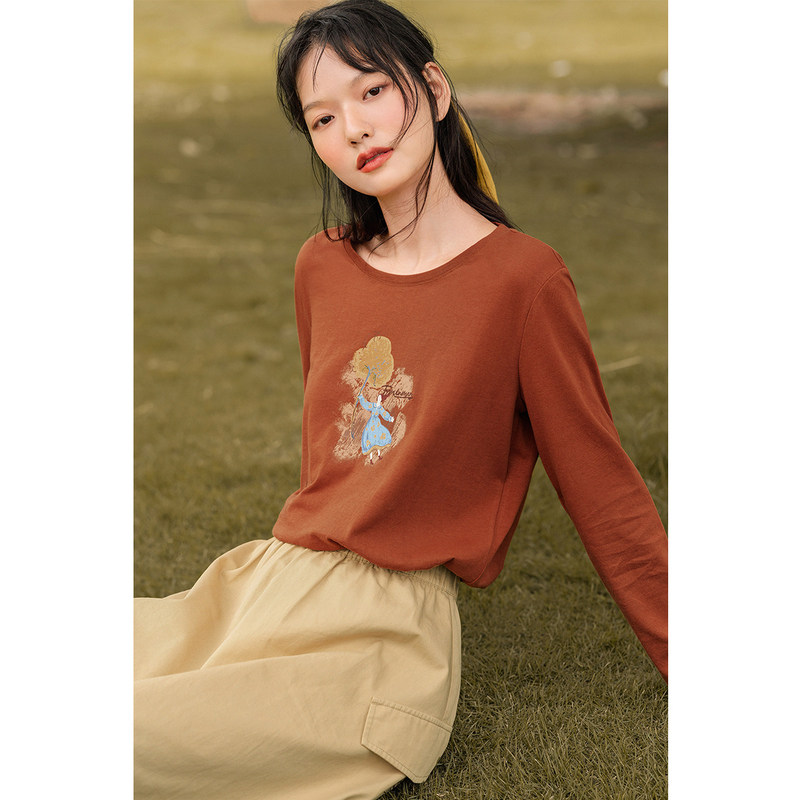 茵曼宽松体桖女款t恤长袖打底衫 茵曼翰飞T恤