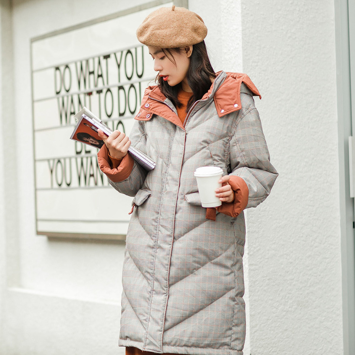 茵曼旗舰店茵蔓文艺小格子女羽绒服 茵曼翰飞羽绒服