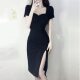 Summer black temperament slit dress
