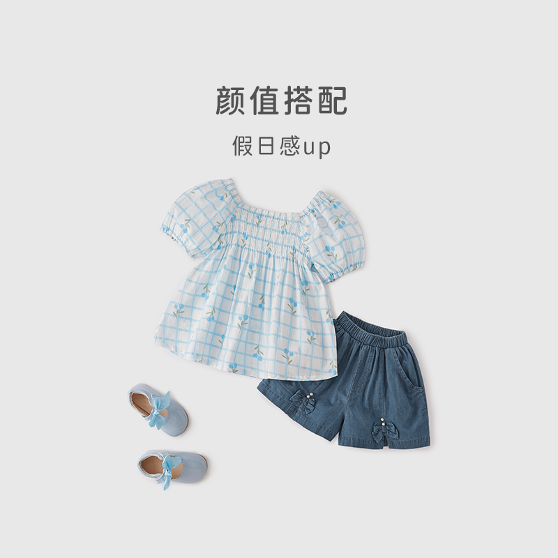 jellybaby宝宝格子两件套夏装2024新款泡泡袖衣服夏5女童套装夏款 - 图3