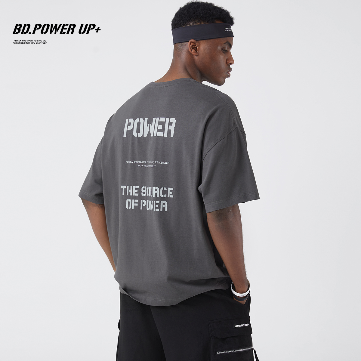 BD.POWER UP+新款纯棉短袖t恤男宽松圆领印花短袖t恤男潮牌百搭