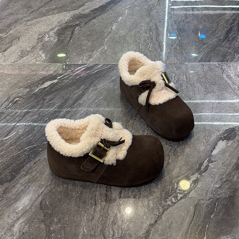 日系~磨砂真皮毛毛勃肯鞋女2025冬款小个子增高法式蝴蝶结雪地靴 - 图1