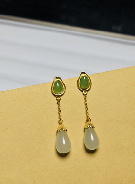 天然正品和田玉碧玉+白玉水滴耳坠耳环耳饰925银金色镶嵌