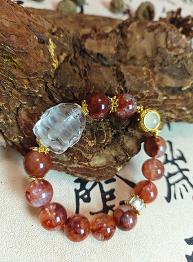 天然鸩羽幽灵手链牛血红胶花水晶手链本命年原创设计饰品生日礼物