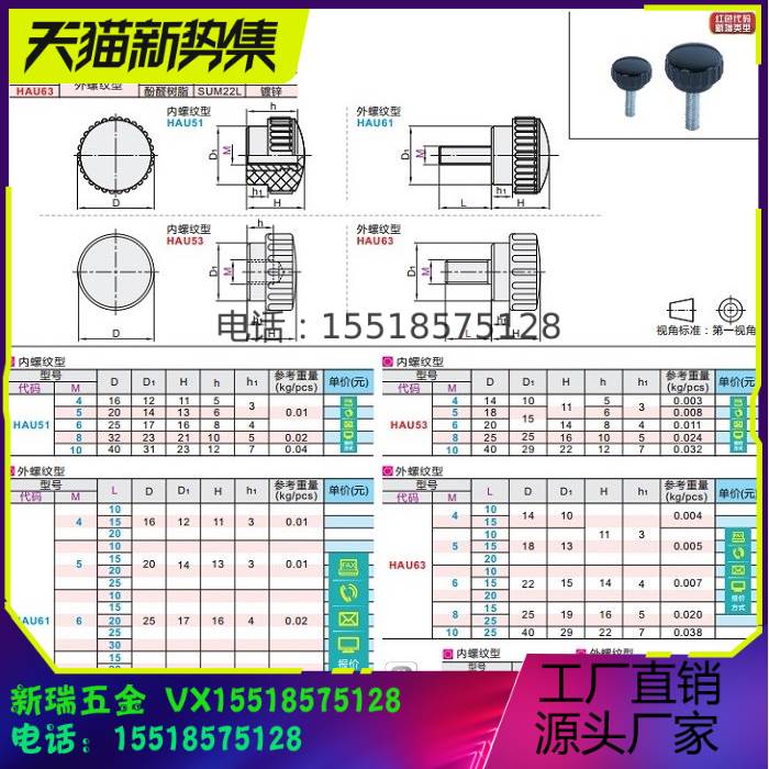 A/B型直纹把手HAU51/HAU61-M4/M5/M6/M8/M10-L10/L15/L20/L25/L30 - 图0