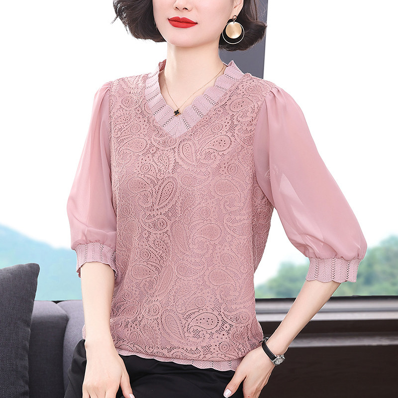 蕾丝2021年新款大码洋气妈妈雪纺衫 给丽尚蕾丝衫/雪纺衫