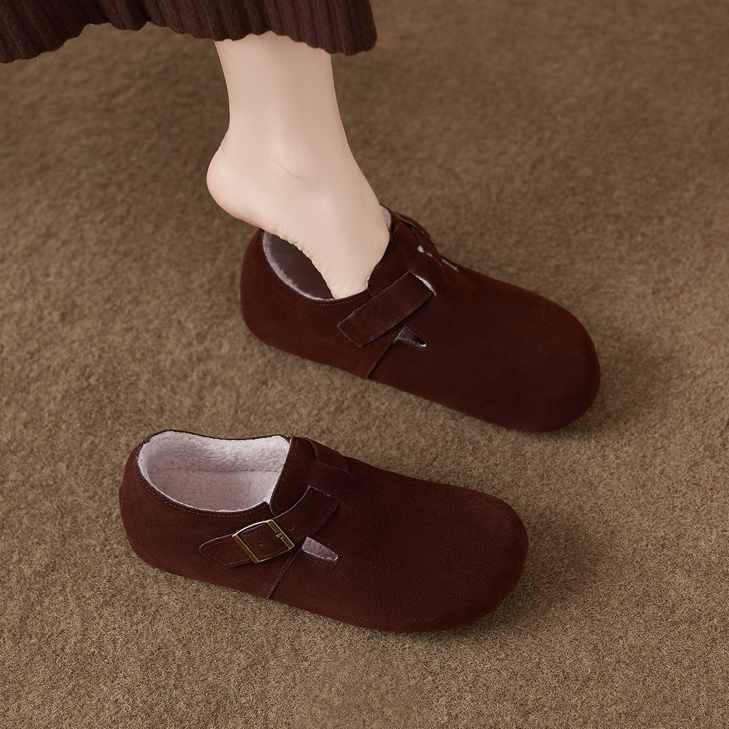 羊皮版巨好看平底加绒毛毛勃肯鞋女2025秋冬季新款脚蹬内增高单鞋,淘宝优惠券,粉丝福利购,淘宝优惠卷