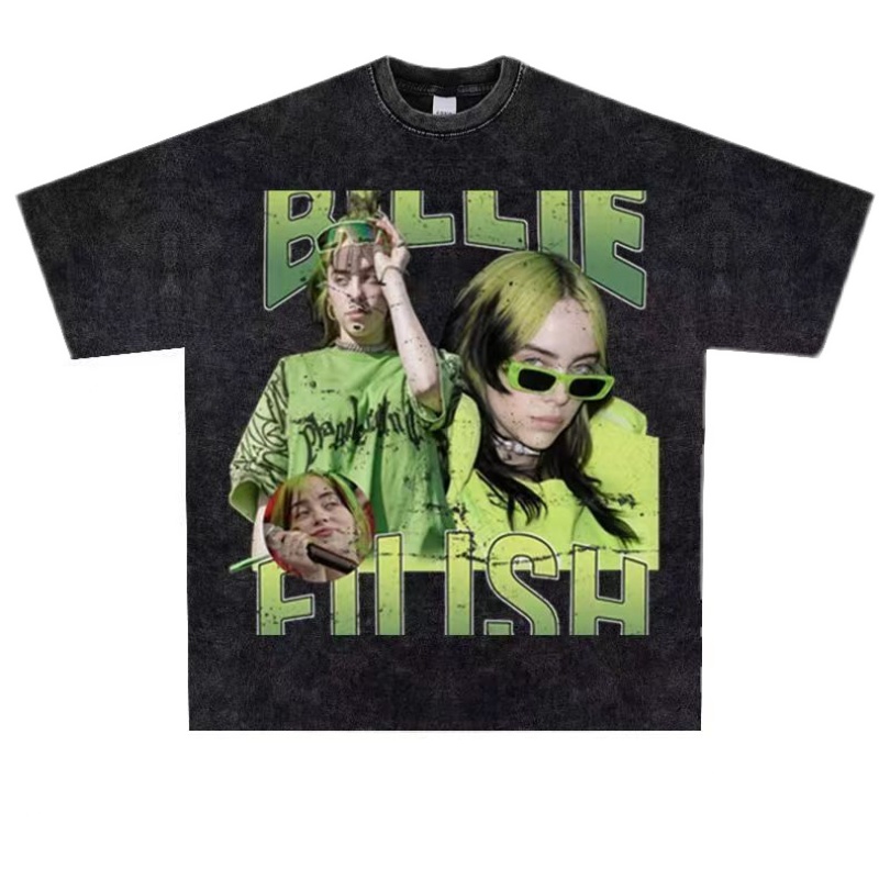高街复古人物Billie Eilish嘻哈说唱歌手印花短袖T恤男女街头重磅-图3