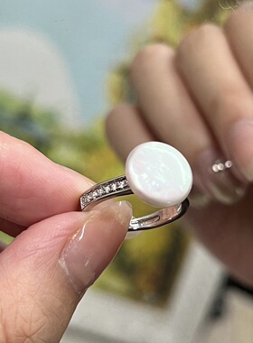 纽扣戒指 14k注金独家新品锆石微镶 天然强光纽扣巴洛克淡水珍珠