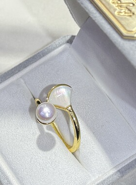 天然贝壳银杏叶珍珠戒指微风轻吻晨露致带来诗意6-7天然淡水珍珠