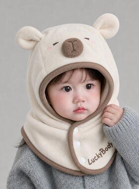 婴儿卡通帽子一体秋冬季宝宝女加绒护耳帽婴幼儿冬天外出围巾加厚