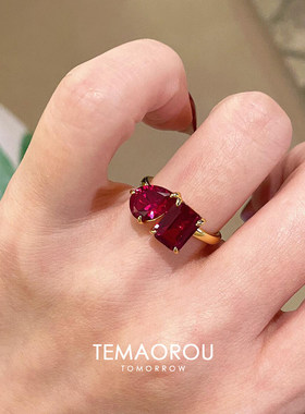 红色双石戒指女小众设计本命年