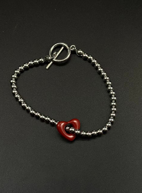 复古红色爱心串珠手链女时尚百搭