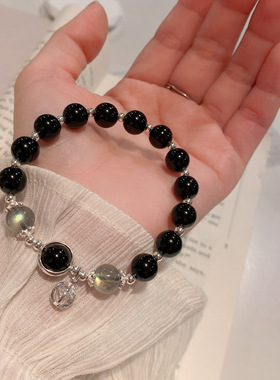 灰月光黑曜石水晶手链女生手串