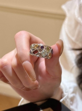 爆闪彩色镂空宽口戒指女