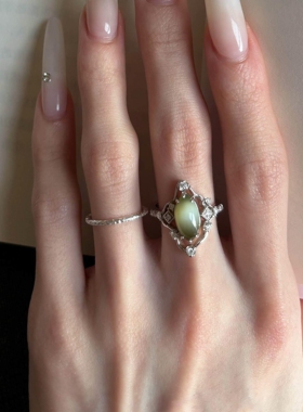 猫眼仿玉髓银色星芒戒指女高级感