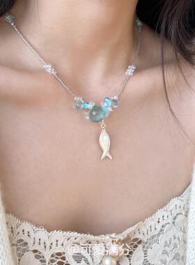 蓝色水滴花朵小鱼项链女配饰颈链