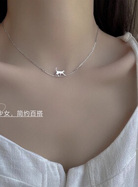 银色简约小猫咪项链女