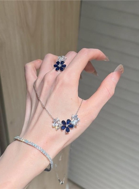 银色双生花朵戒指女小众设计精致