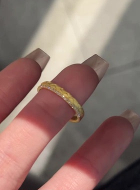 S925纯银金色拉丝点钻麦穗戒指